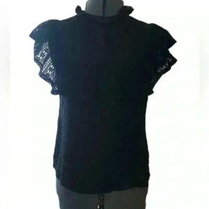 Iris black lace front ruffle key hole blouse top women medium
